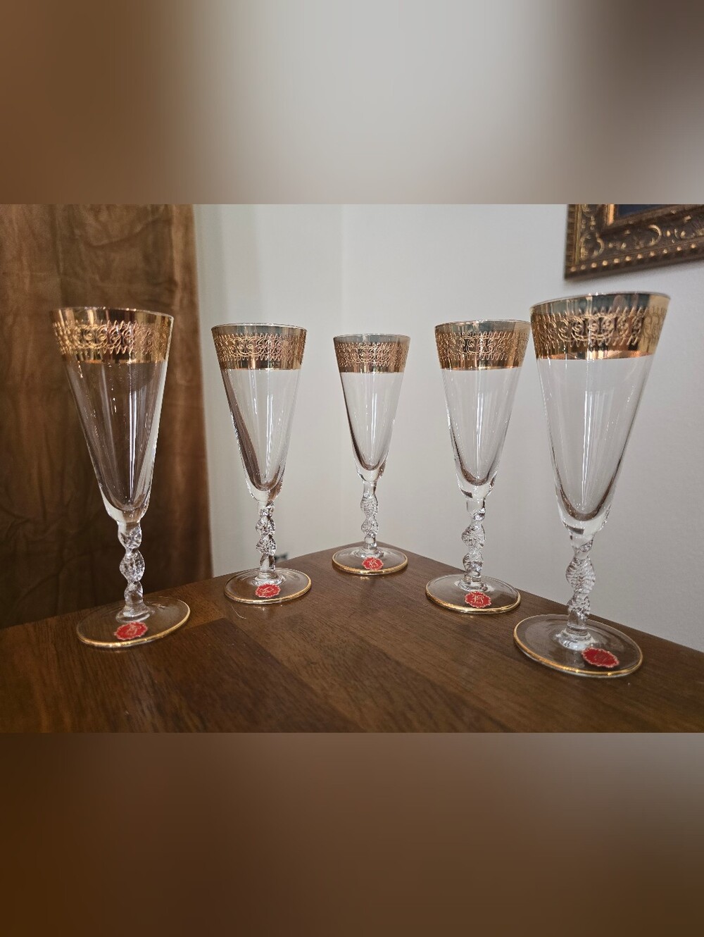 NEW VTG Gold Encrusted Port Liquer Set of 5 Twisted Stem Ornate Rim Crystal